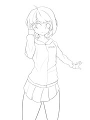 An anime girl with short hair in a blouse and skirt stands with one hand raised to her face and the other stretched out to the side. Lineart. 2d illustration