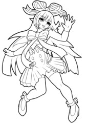 A cute anime manga girl with pink hair and a big bow. In a skirt and white gloves made with lines	
