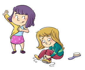 illustration of little girls getting dressed - obrazy, fototapety, plakaty
