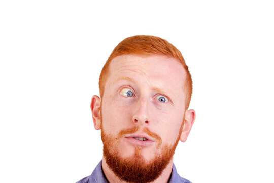 Red-haired man with funny comical beard crosses his eyes, grimaces, isolated on white background. High quality photo