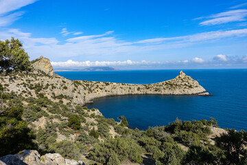 Naklejka premium Beautiful seascape, panorama of cape Kapchik to the Galitsin Trail. Russia.