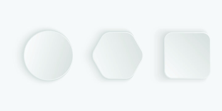 Neumorphic square,hexagonal and round buttons. White geometric shapes in a trendy soft 3D style with shadow.neumorphic shape vector