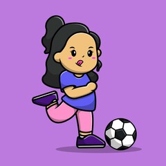 Cute Girl Kicking Soccer Ball Cartoon Vector Icon Illustration. People Sport Icon Concept Isolated Premium Vector. Flat Cartoon Style