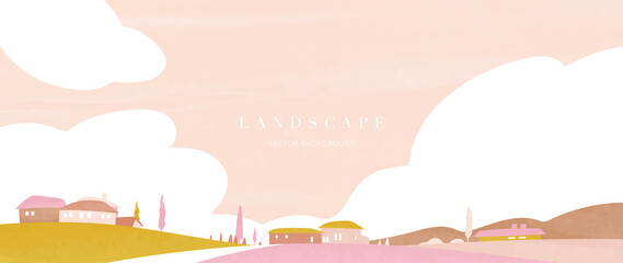 Abstract landscape background in minimalist. Pastel tone watercolor texture with panorama view of village, countryside and sky. Minimalist wallpaper good for wall art, decoration, print, and poster. © TWINS DESIGN STUDIO