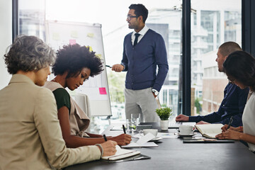Lets go over the numbers. Shot of businesspeople in an office.