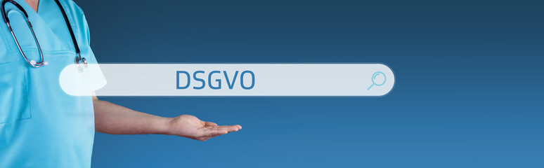 DSGVO (Datenschutz-Grundverordnung). Arzt streckt Hand aus. Browser Suche mit Text schwebt...