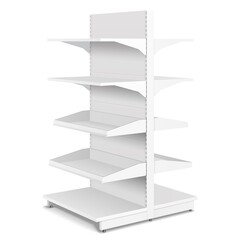 Mockup Blank Empty Double Sided Showcase 3D Display With Retail Shelves. Trading Rack. Mock Up, Template. Illustration Isolated On White Background.