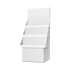 Cardboard Retail Shelves Floor Display Rack For Supermarket Blank Empty. Mock Up. 3D On White Background Isolated. Ready For Your Design. Product Advertising. Vector EPS10 - 490664697