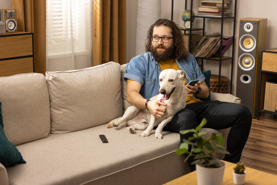 A Middle-aged Man Is Wondering What To Write Back To A Message He Received. A Boy In A Blue Shirt Spends His Free Time With His Dog At Home.