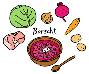 ボルシチと食材のベクターイラストセット　線画
