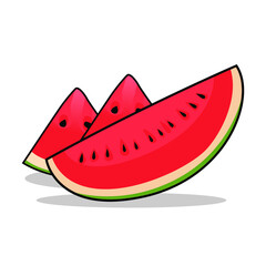 Vector illustration Cartoon slice watermelon. Green striped berry with red pulp and brown bones, cut and chopped fruit, half and sliced on white background
