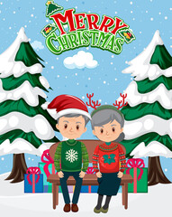 Merry Christmas poster with elderly couple sitting on a bench