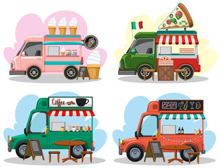 Flea market concept with set of different food trucks