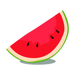 Vector illustration Cartoon slice watermelon. Green striped berry with red pulp and brown bones, cut and chopped fruit, half and sliced on white background