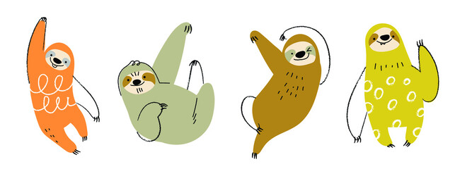 Set of cute sloth vector. Lovely wildlife and friendly sloth doodle pattern in different poses with flat color. Adorable funny animal and many characters hand drawn collection on white background. © TWINS DESIGN STUDIO