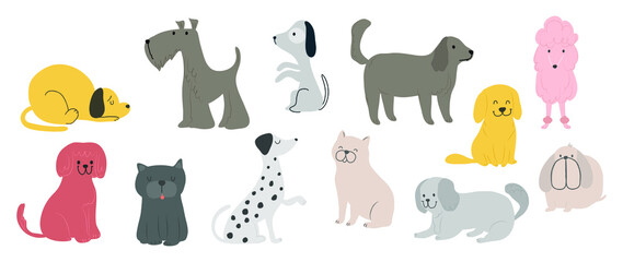 Set of cute dogs vector. Lovely dog and friendly puppy doodle pattern in different poses and breeds with flat color. Adorable funny pet and many characters hand drawn collection on white background.