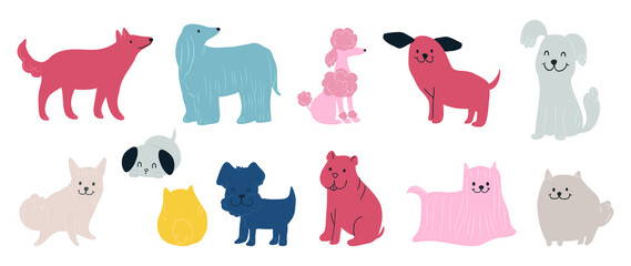 Set of cute dogs vector. Lovely dog and friendly puppy doodle pattern in different poses and breeds with flat color. Adorable funny pet and many characters hand drawn collection on white background. © TWINS DESIGN STUDIO