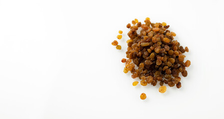dry fruits of raisins, on a white background, banner, space for text