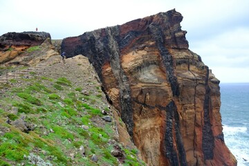Ponta de Sao Lourenco (Saint Lawrence Peninsula) is the easternmost point on the Madeira map. A miracle of nature. Amazing colorful rocks. Silhouettes of people on trail. Madeira, Portugal