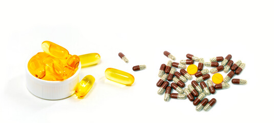 Medicines. Composition with tablets on the table on a light colored background.
 Background, design.
