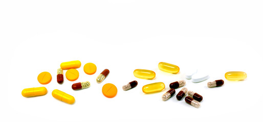 Medicines. Composition with tablets on the table on a light colored background.
 Background, design.
