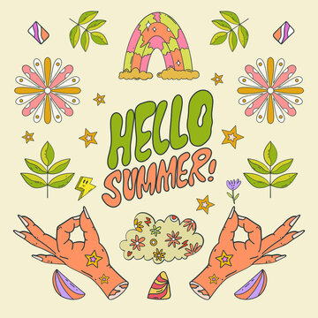 Hippie banner in retro 70s style, vector elements. Cartoon funny mushrooms, flowers, a rainbow, a set of vector elements in vintage style, an inscription. For banners, fabric, printing, web elements