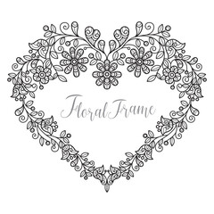 Heart flower frame hand drawn for adult coloring book