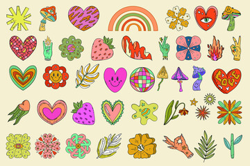 ippie stickers in retro 70s style, vector elements. Cartoon funny mushrooms, flowers, rainbow, a set of vector elements in vintage hippie style. For banners, fabric, printing, web elements