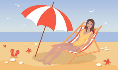 girl sitting in a beach chair on the sea coast.