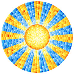 Illustration in stained glass style with abstract celestial landscape, sun with rays against the sky,  round image