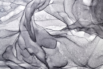 Abstract gray ink watercolor background. Black paint stains and spots in water, luxury fluid liquid art wallpaper