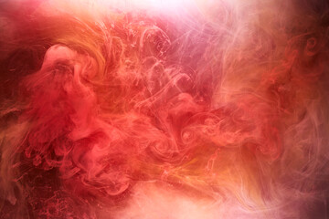 Black and red ink background, colorful fog, abstract swirling ocean, acrylic paint pigment...