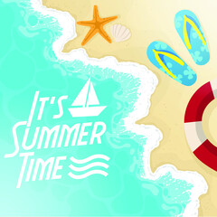 Best Summer Holiday  And  Beach Yellow Sand with Slippers, Starfish,  Lifebuoy And Shades. Vector Illustration