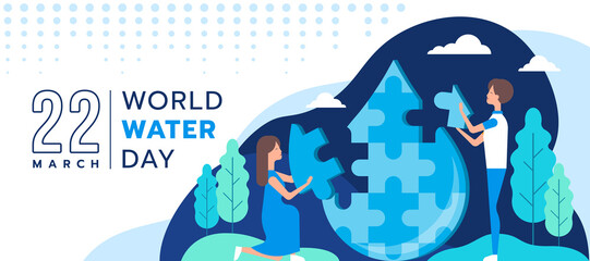 world water day - People working on tear drop water jigsaw puzzles vector design