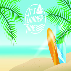 Summer vacation travel poster surfboards seascape and sailboat background vector illustration
