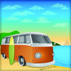 Retro bus with surf boards on summer sea background illustration
