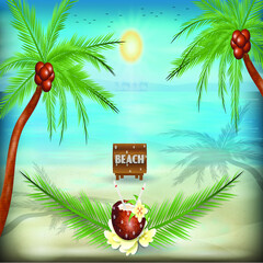 It's Summer day coconut, palm tree, flower Summer sunny day and beach landscape