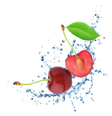 Fototapeta na wymiar Whole and halved cherry in water splashes isolated on white background.