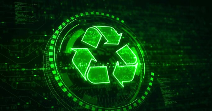 Recycling icon, waste data managment and sustainable industry symbol abstract digital concept. Network, cyber technology and computer background seamless and looped animation.