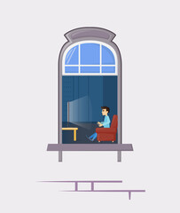 Neighbors in windows of old house. House building facade with open windows and with people.