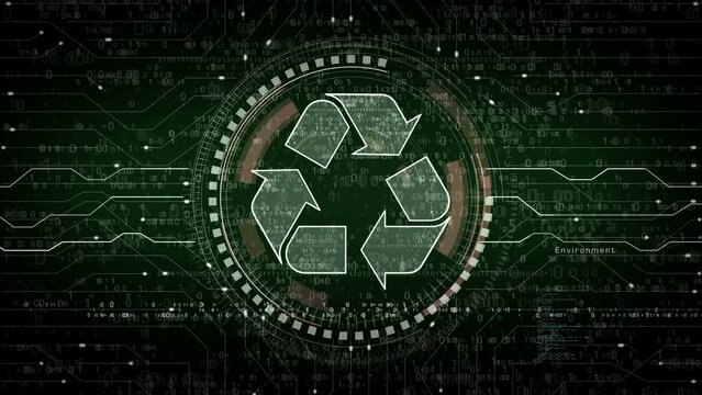 Recycling icon, waste data managment and sustainable industry symbol abstract digital concept. Network, cyber technology and computer background seamless and looped animation.