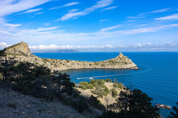 Beautiful seascape, panorama of cape Kapchik to the Galitsin Trail. Russia.