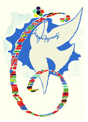 Obraz premium An old postcard of 1957 for peace and friendship of peoples and nations. Old postcard. The dove is a symbol of peace. Friendship of peoples. Flags of countrie