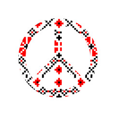 symbol of peace in Ukrainian ornament. Decorated pacifica on white background, black and red embroidery. no war. Peace Sign