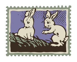 Easters postage stamp with rabbits in a grass. Dim colored vintage style with grunge texture.