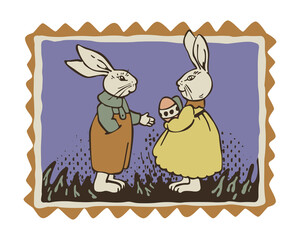 Easters postage stamp with rabbits and colored eggs. Dim colored vintage style with grunge texture.