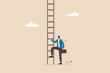 Challenge to climb up success ladder, unknown journey ahead, step to new career opportunity, determination to achieve goal concept, confidence businessman look up to begin climbing ladder of success.
