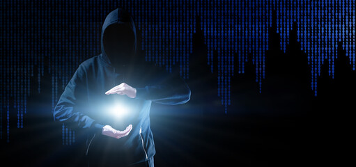 Cyber security hacker concept. Internet web hack technology. Blurred Hacker man hand isolated on...