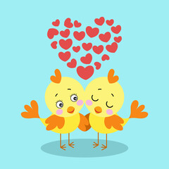 Two funny birds in love on blue background