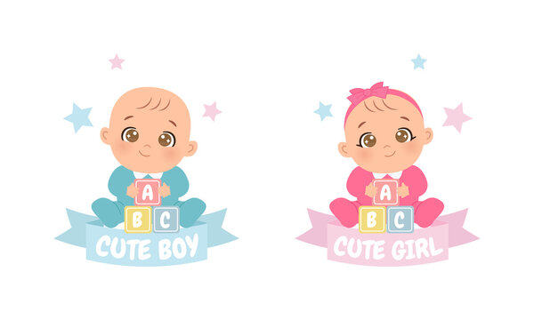 Cute baby boy and girl announcement template. Flat vector cartoon design
